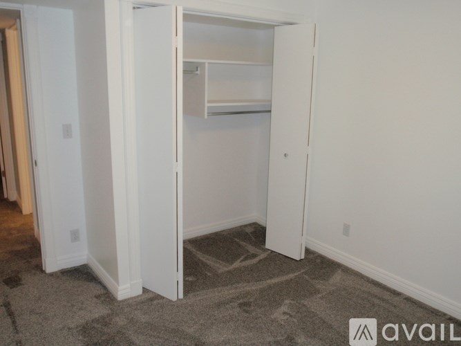 A room with a carpeted floor and a white wall with a door open.