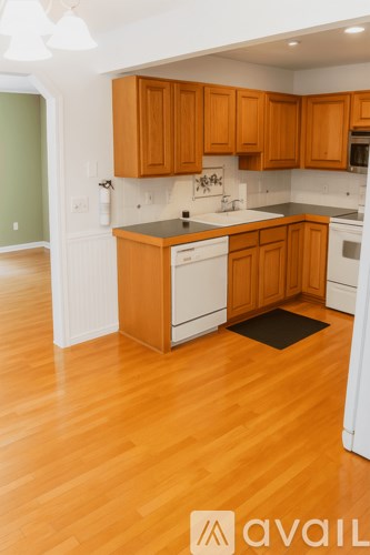 A kitchen with wooden cabinets and a black mat on the floor.