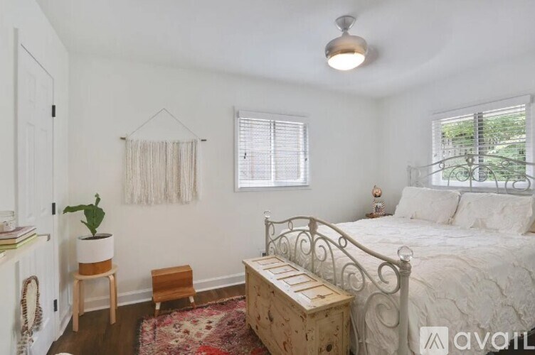 A bedroom with a bed, a plant, and a rug.