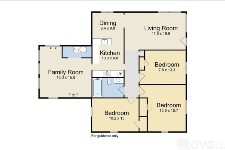 A floor plan of a house with a living room, dining room, kitchen, and three bedrooms.
