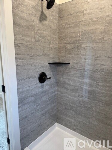A bathroom with a shower and a white door.