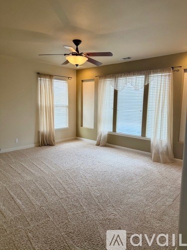 A room with a carpeted floor, a ceiling fan, and two windows with curtains.