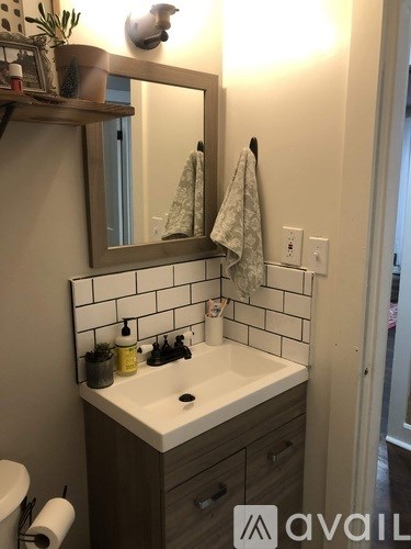 A bathroom with a sink, mirror, and toilet paper roll.