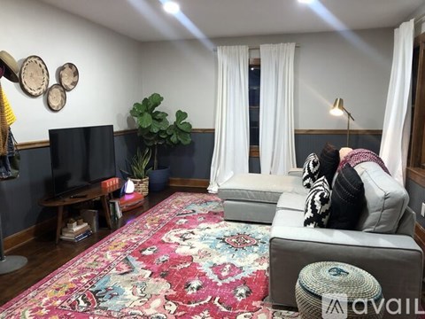 A person is sitting on a couch in a room with a large rug, a TV, and a plant.