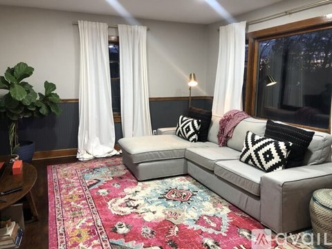 A living room with a grey couch and a large rug.