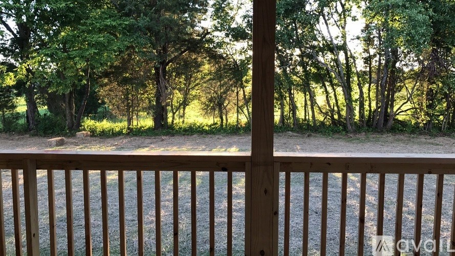 A wooden deck with a view of a forest.