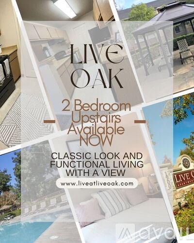 A collage of images showcasing a property for sale with the text "LIVE OAK 2 Bedroom Upstairs Available NOW" and "CLASSIC LOOK AND FUNCTIONAL LIVING WITH A VIE