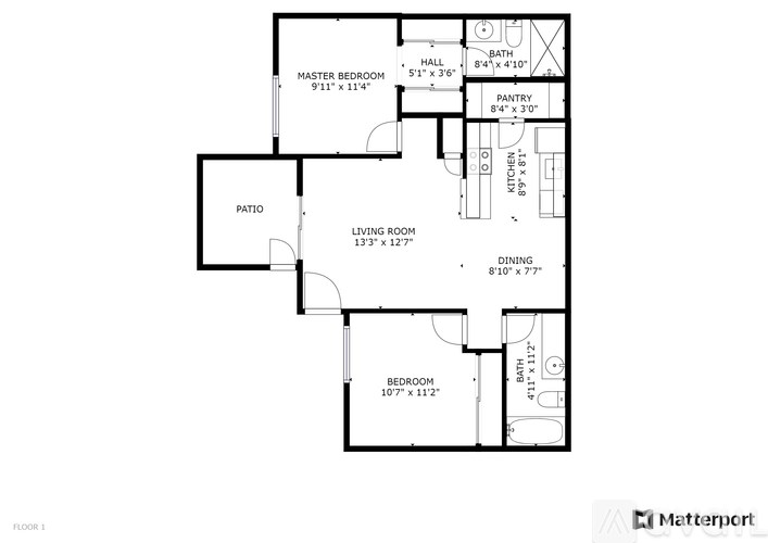 A floor plan of a home with a master bedroom, living room, dining room, and kitchen.