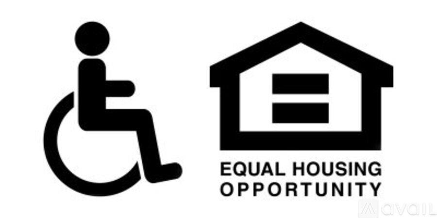A graphic with a wheelchair and a house symbolizing equal housing opportunity.