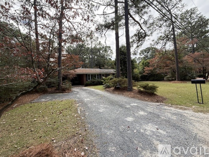 A gravel driveway leads to a house surrounded by trees.