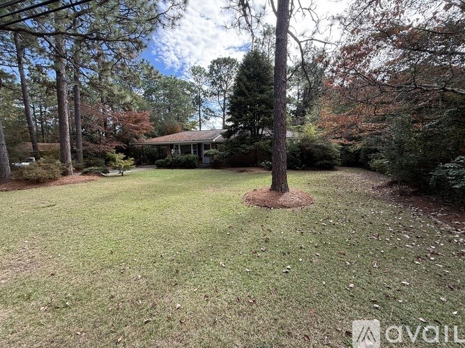 A tree in a yard with a house in the background.