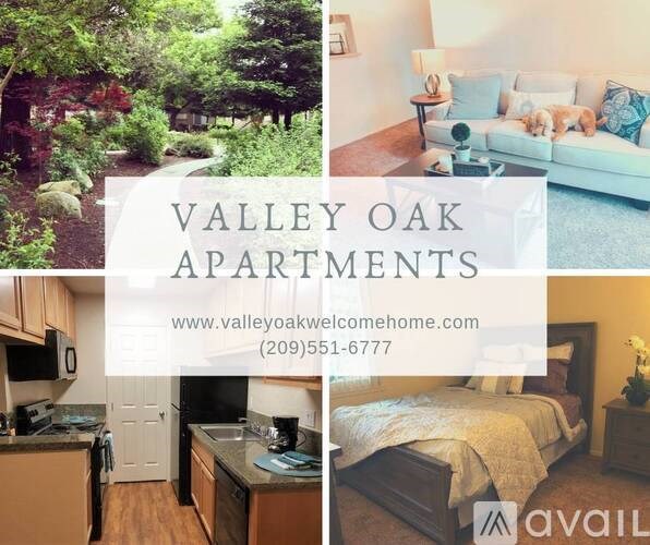 A collage of images showcasing the interior and exterior of Valley Oak Apartments.