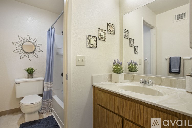 A bathroom with a toilet, sink, mirror, and wall decor.