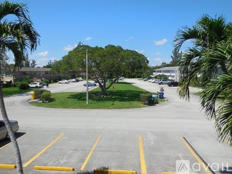 A parking lot with yellow lines and palm trees.