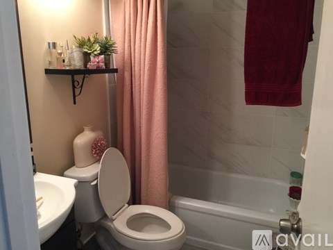 A bathroom with a toilet, a sink, a shelf with plants and a red towel hanging on the wall.