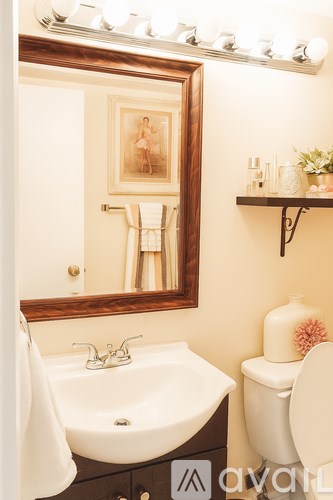 A bathroom with a sink, toilet, and a mirror.