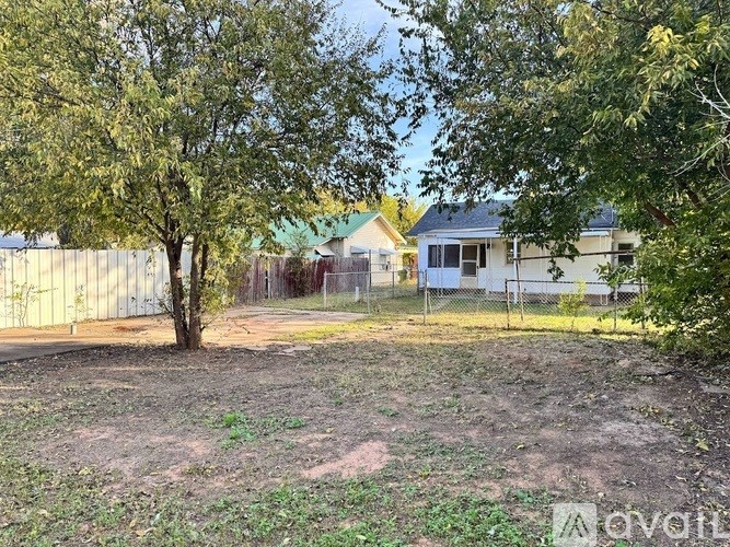 A backyard with a tree and a fence.