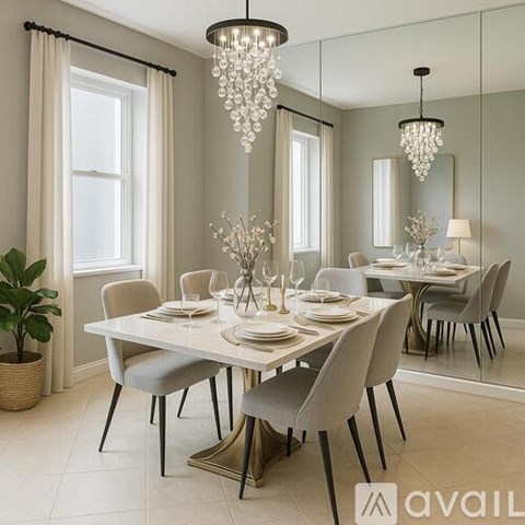 A modern dining room with a large table set for six.