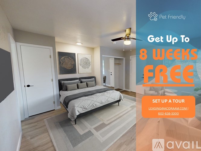 A bedroom with a bed and a ceiling fan is advertised as "Get Up To 8 Weeks Free" by a company named "AVAIL".