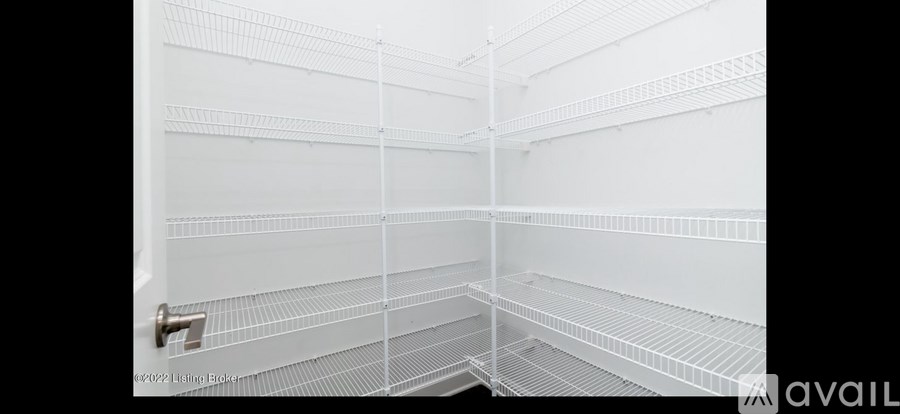 Empty white shelves in a storage room.