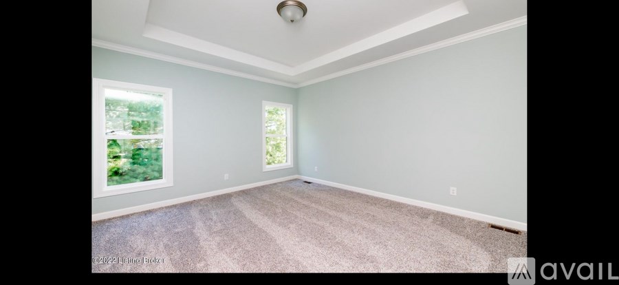 A room with a carpeted floor and two windows.