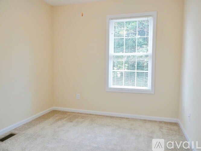 A room with a window covered in blinds and a carpet on the floor.