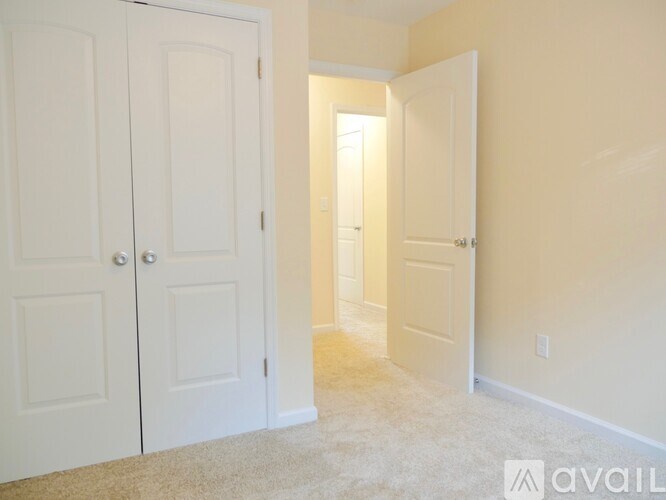 A room with two white doors and a carpeted floor.
