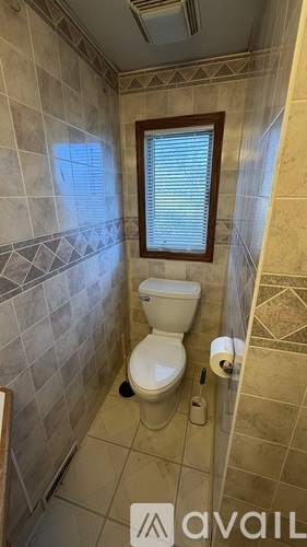 A bathroom with a toilet, tiles, and a window.