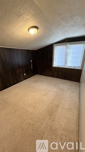 A room with a carpeted floor and a window.
