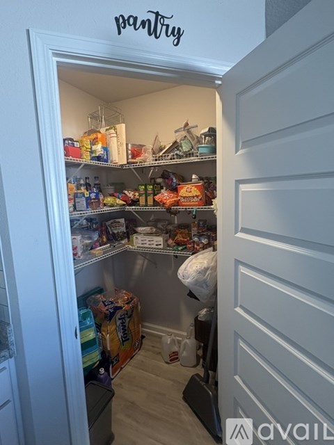 A pantry with a white door and shelves filled with food items.