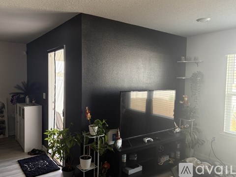 A living room with a black wall and a white door.