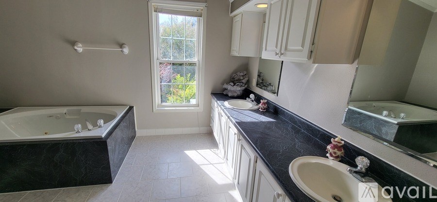 A bathroom with a black marble tub and sink.