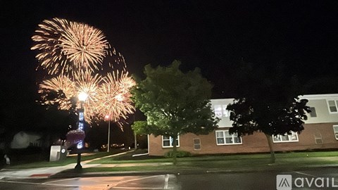 Fireworks explode in the night sky over a residential street.
