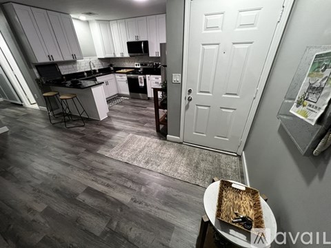 A kitchen with a white door and a brown rug on the floor.