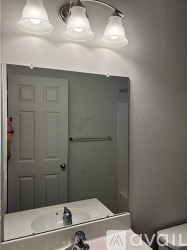 A bathroom with a white sink and a mirror.