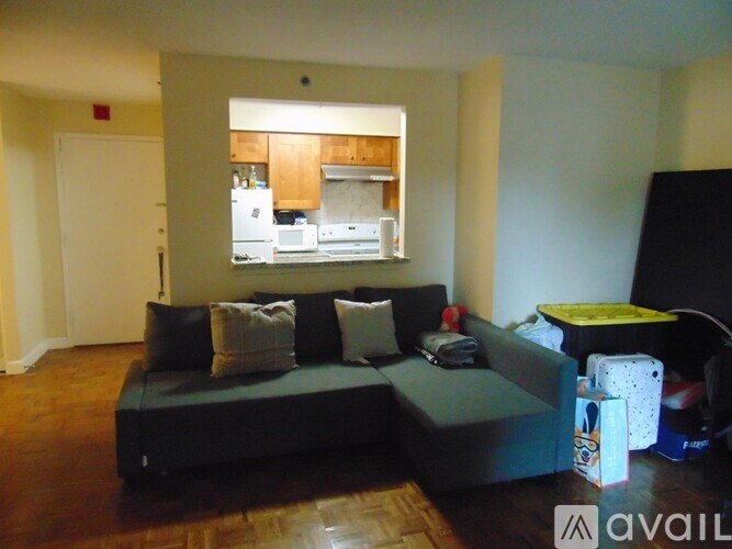 A living room with a couch and a kitchen in the background.
