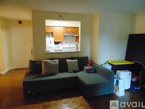 A living room with a couch and a kitchen in the background.