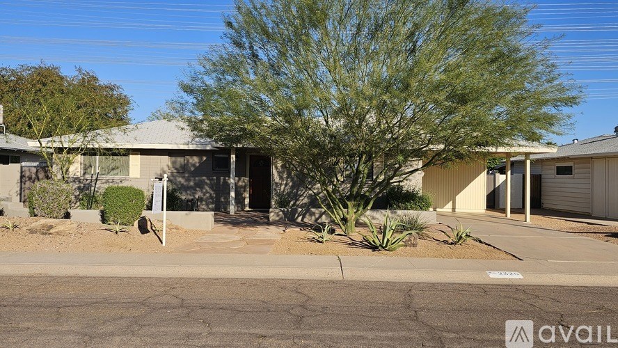 A house with a tree in front of it is for sale.