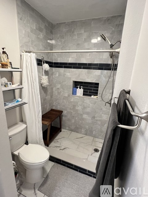 A bathroom with a toilet, a shower, and a towel rack.