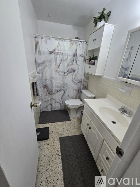 A bathroom with a marble shower curtain and a sink with a cabinet.
