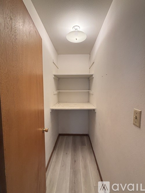 A small, empty room with a wooden door and shelves.