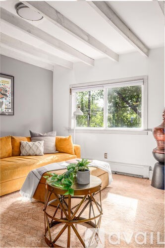 A living room with a yellow sofa and a round wooden table with a plant on it.