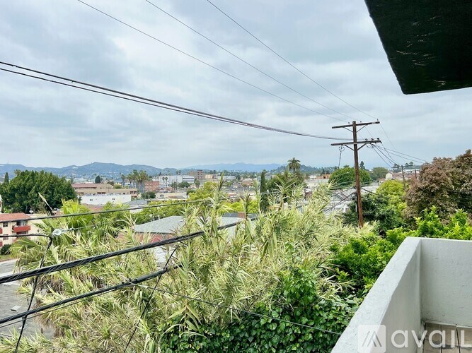 A view from a balcony overlooking a residential area with power lines and vegetation.