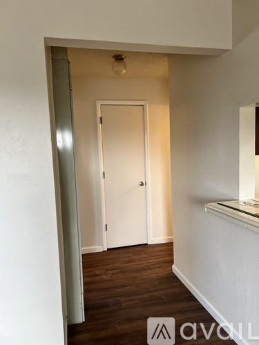 A hallway with a white door and wooden floor.