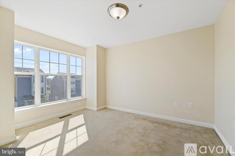 A bright, empty room with a large window and carpeted floor.