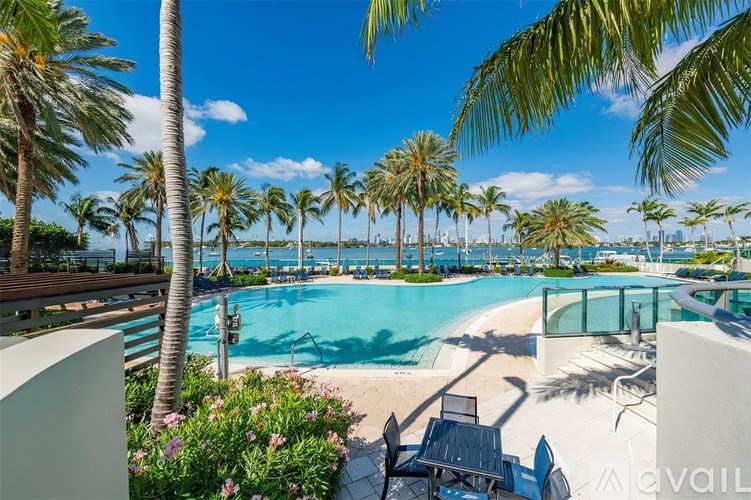 A pool surrounded by palm trees and a clear blue sky.