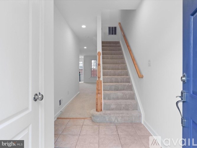 A hallway with a staircase and a white door.
