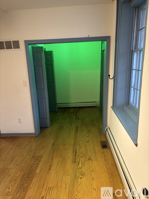 A room with a green door and a window.