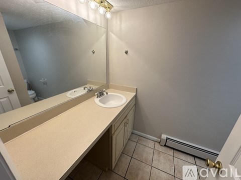 A bathroom with a sink and mirror.