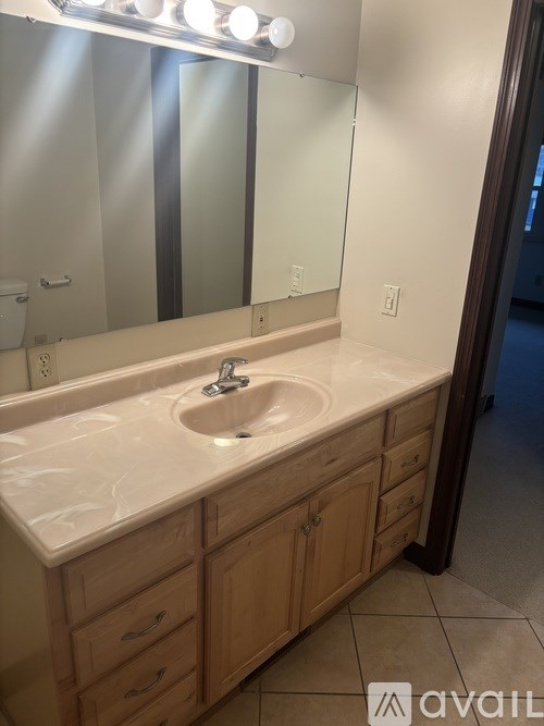 A bathroom with a sink and mirror.